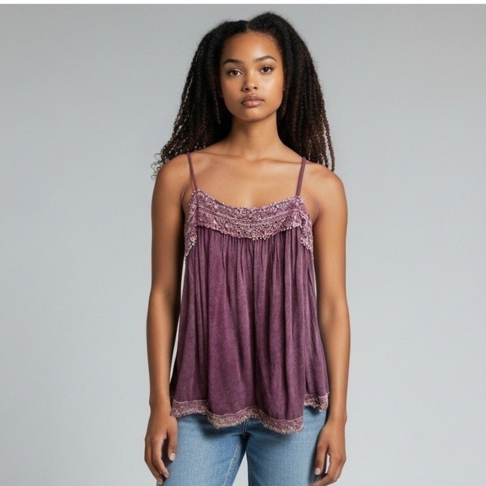 Altar'd State Womens Small Purple Lace Trim Button Back Cami Tank Top